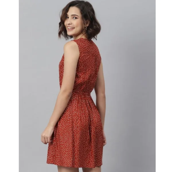 Women's Rayon Polka Sleeveless Above Knee Dress (Rust) - Image 6