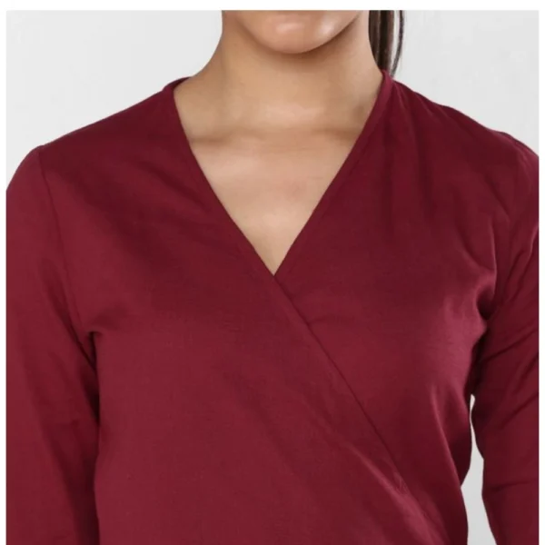 Women's Cotton Solid 3-4th Sleeves Above Knee Dress (Maroon) - Image 2
