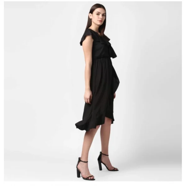 Women's Polyester Ruffled Cap Sleeve Knee-Length Dress (Black) - Image 3