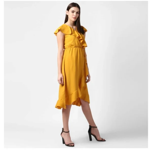 Women's Polyester Ruffled Cap Sleeve Knee-Length Dress (Yellow) - Image 3