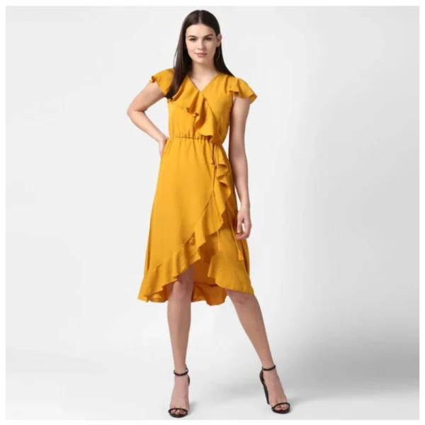Women's Polyester Ruffled Cap Sleeve Knee-Length Dress (Yellow) - Image 5