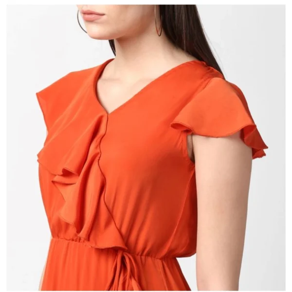 Women's Polyester Ruffled Cap Sleeve Knee-Length Dress (Orange) - Image 2