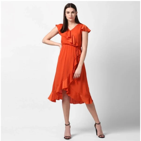 Women's Polyester Ruffled Cap Sleeve Knee-Length Dress (Orange) - Image 5
