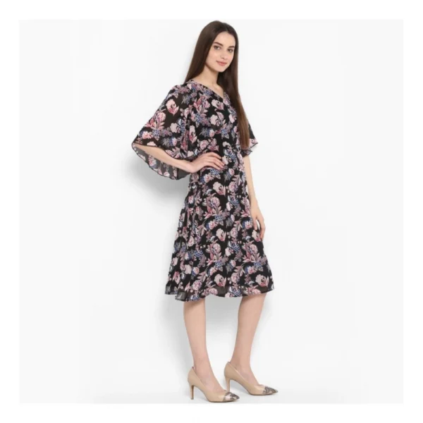 Women's Polyester Floral Short Sleeve Knee-Length Dress (Black - Multicolor) - Image 4