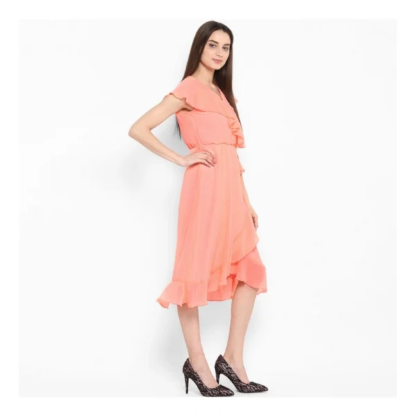 Women's Polyester Ruffled Cap Sleeve Below Knee Dress (Neon Pink) - Image 4