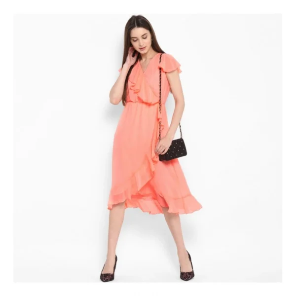 Women's Polyester Ruffled Cap Sleeve Below Knee Dress (Neon Pink) - Image 6