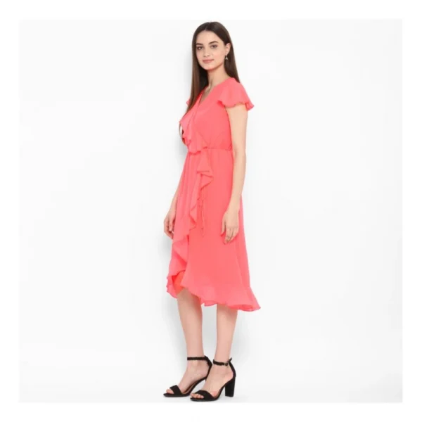 Women's Polyester Ruffled Cap Sleeve Below Knee Dress (Coral Pink) - Image 3