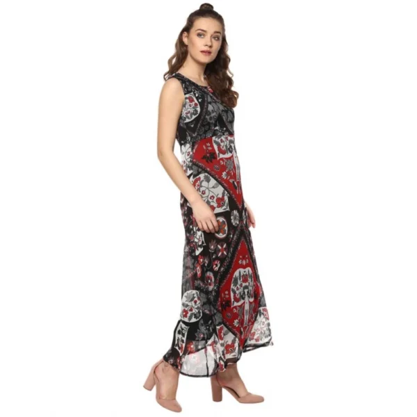 Women's Polyester Printed Sleeveless Dress (Red - Black) - Image 4