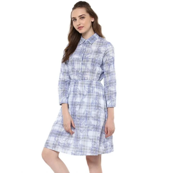 Women's Cotton Checkered Roll Up Sleeve Above Knee Dress (Blue) - Image 3