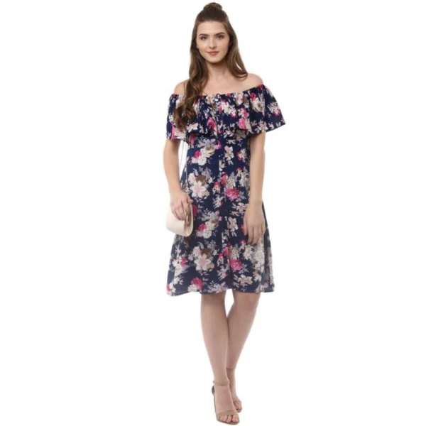 Women's Polyester Crepe Floral Half Sleeve Above Knee Dress (Navy Blue) - Image 6