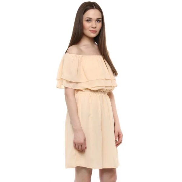 Women's Polyester Solid Sleeveless Knee-Length Dress (Beige) - Image 4