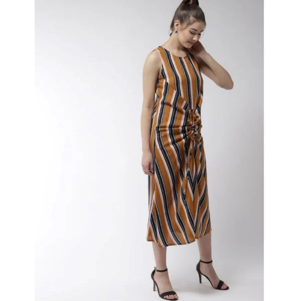 Women's Polyester Striped Sleeveless Below Knee Dress (Mustard) - Image 5