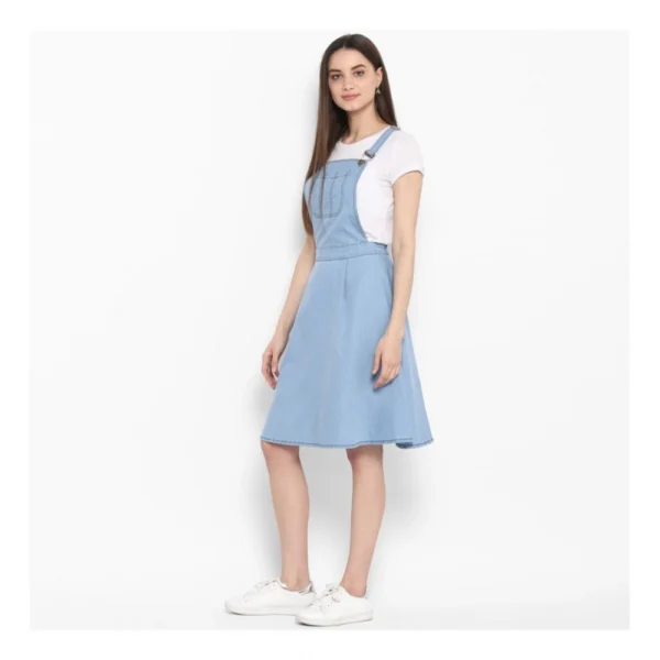 Women's Denim Solid Sleeveless Above Knee Dress (Blue) - Image 3