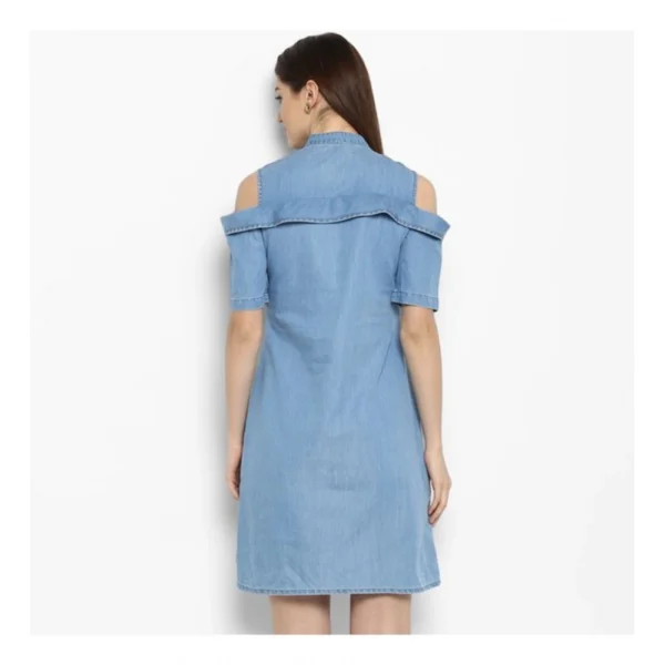 Women's Denim Solid Cold Shoulder Above Knee Dress (Blue) - Image 7