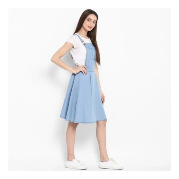 Women's Denim Solid Sleeveless Above Knee Dress (Blue) - Image 4