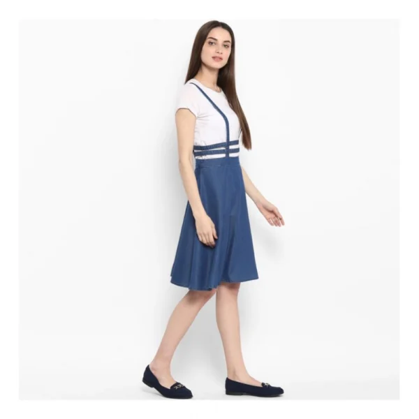 Women's Denim Solid Shoulder Straps Below Knee Dress (Blue) - Image 4