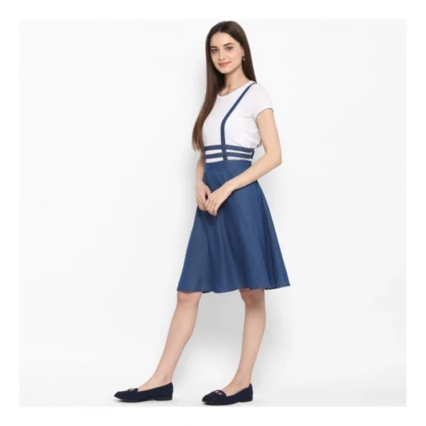 Women's Denim Solid Shoulder Straps Below Knee Dress (Blue) - Image 3