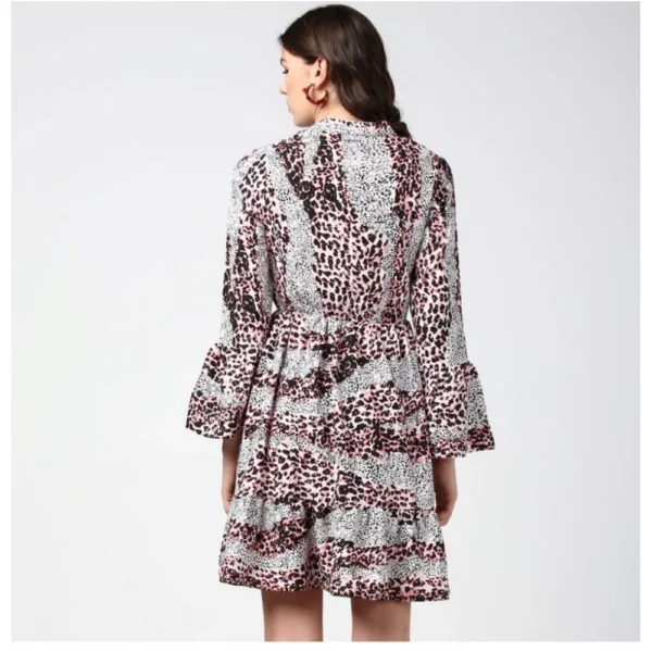 Women's Polyester Animal Print Bell Sleeve Above Knee Dress (Pink - Black) - Image 7