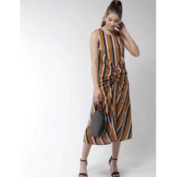 Women's Polyester Striped Sleeveless Below Knee Dress (Mustard) - Image 3