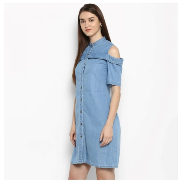 Women's Denim Solid Cold Shoulder Above Knee Dress (Blue) - Image 3