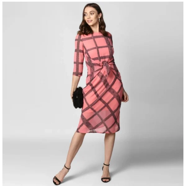 Women's Polyester Checkered 3-4th Sleeves Below Knee Dress (Pink - Black) - Image 6