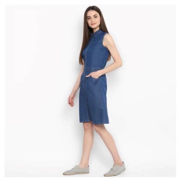 Women's Denim Solid Sleeveless Above Knee Dress (Blue) - Image 3