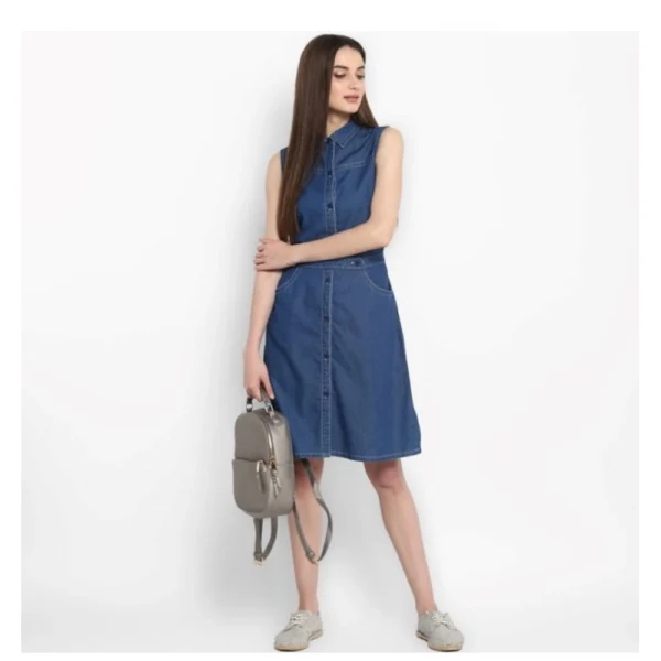 Women's Denim Solid Sleeveless Above Knee Dress (Blue) - Image 6