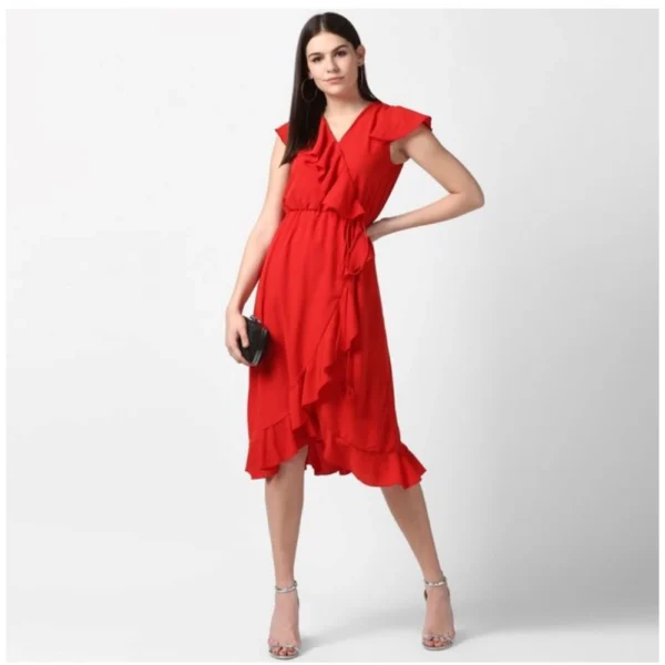 Women's Polyester Ruffled Cap Sleeve Knee-Length Dress (Red) - Image 5