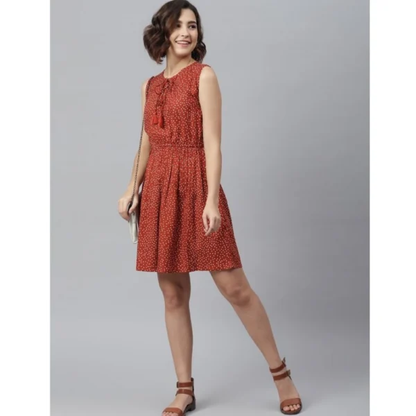 Women's Rayon Polka Sleeveless Above Knee Dress (Rust) - Image 5