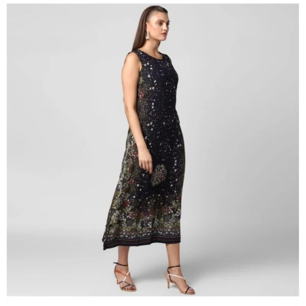 Women's Rayon Floral Sleeveless Calf-length Dress (Black) - Image 4