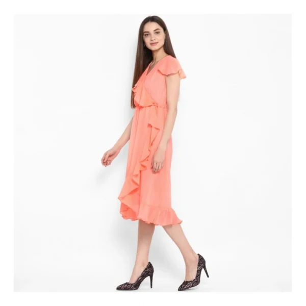 Women's Polyester Ruffled Cap Sleeve Below Knee Dress (Neon Pink) - Image 3