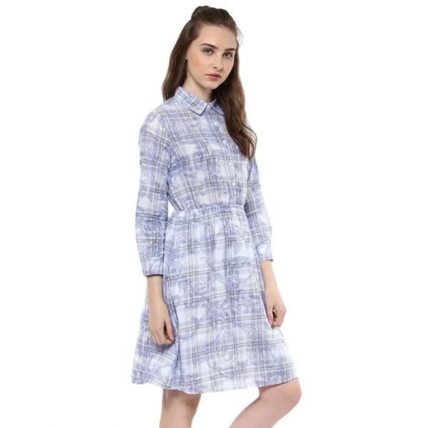 Women's Cotton Checkered Roll Up Sleeve Above Knee Dress (Blue) - Image 4