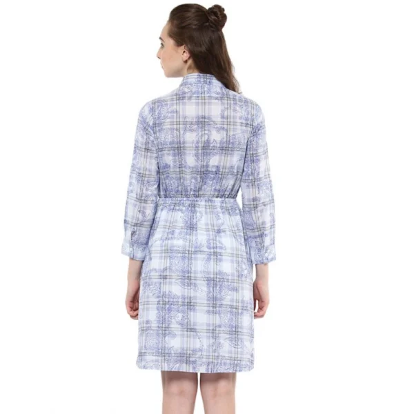 Women's Cotton Checkered Roll Up Sleeve Above Knee Dress (Blue) - Image 7