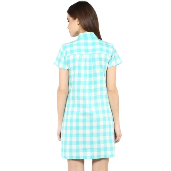 Women's Rayon Checkered Short Sleeve Above Knee Dress (SkuBlue - White) - Image 7