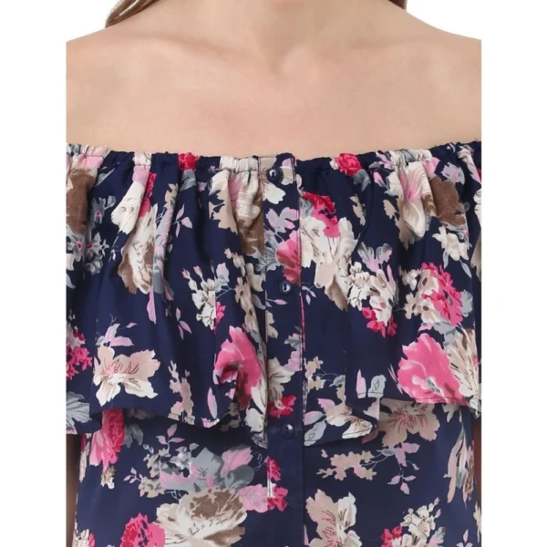 Women's Polyester Crepe Floral Half Sleeve Above Knee Dress (Navy Blue) - Image 2