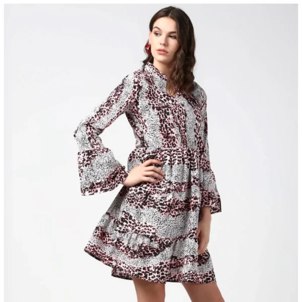 Women's Polyester Animal Print Bell Sleeve Above Knee Dress (Pink - Black) - Image 4