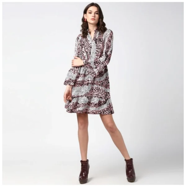 Women's Polyester Animal Print Bell Sleeve Above Knee Dress (Pink - Black) - Image 6