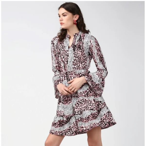 Women's Polyester Animal Print Bell Sleeve Above Knee Dress (Pink - Black) - Image 3