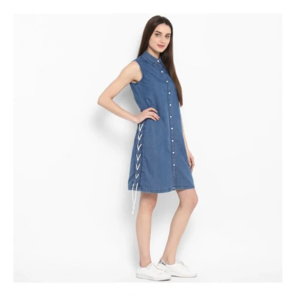 Women's Denim Solid Sleeveless Above Knee Dress (Blue) - Image 4