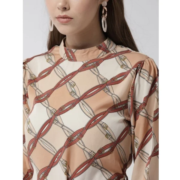 Women's Polyester Checkered Long Sleeves Above Knee Dress (Off White - Brown) - Image 2
