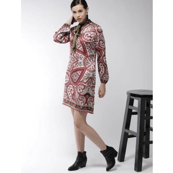 Women's Polyester Printed Long Sleeves Above Knee Dress (Red) - Image 3