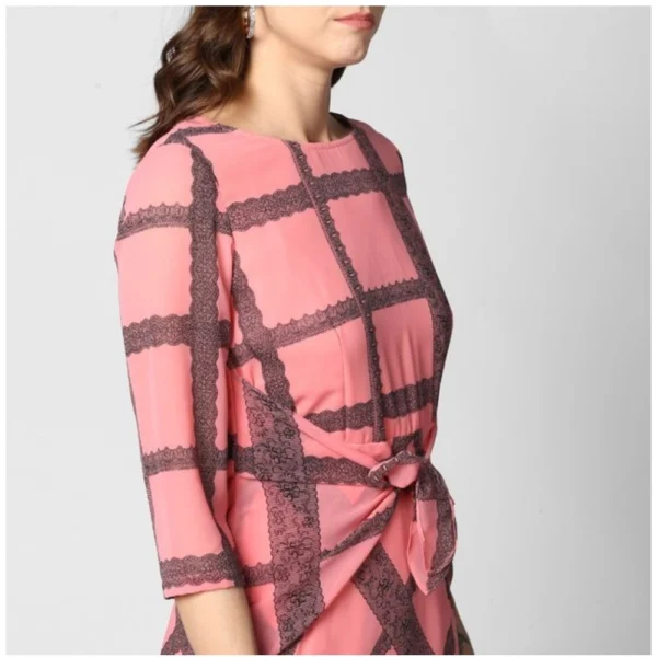 Women's Polyester Checkered 3-4th Sleeves Below Knee Dress (Pink - Black) - Image 2