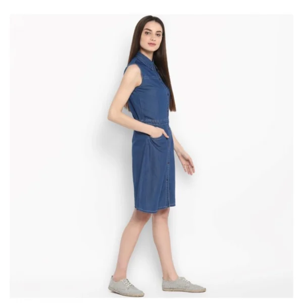 Women's Denim Solid Sleeveless Above Knee Dress (Blue) - Image 4