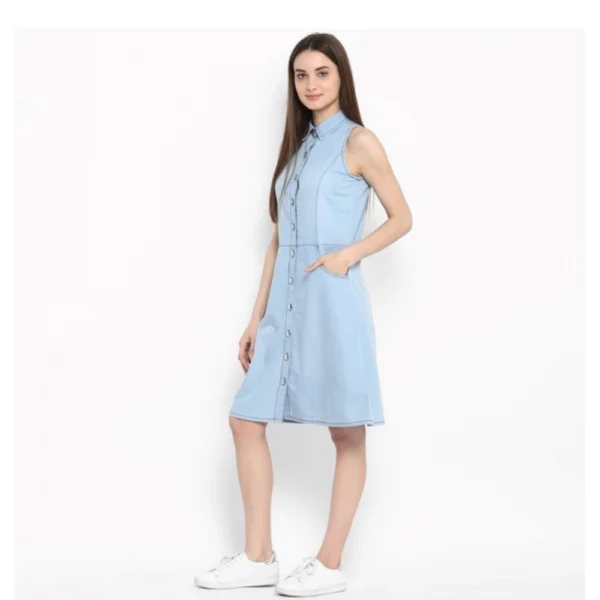 Women's Denim Solid Sleeveless Below Knee Dress (Blue) - Image 3