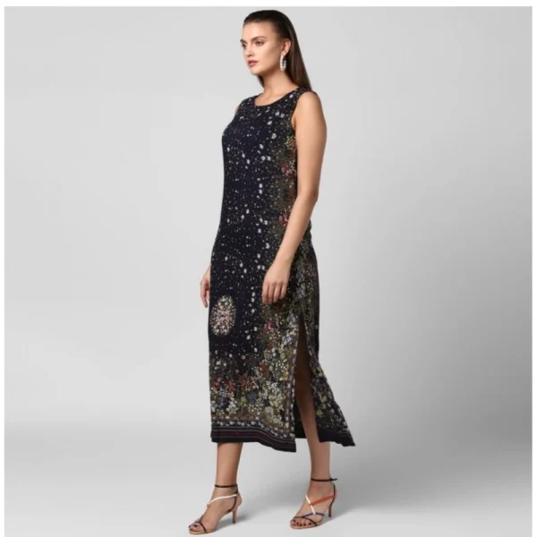 Women's Rayon Floral Sleeveless Calf-length Dress (Black) - Image 3