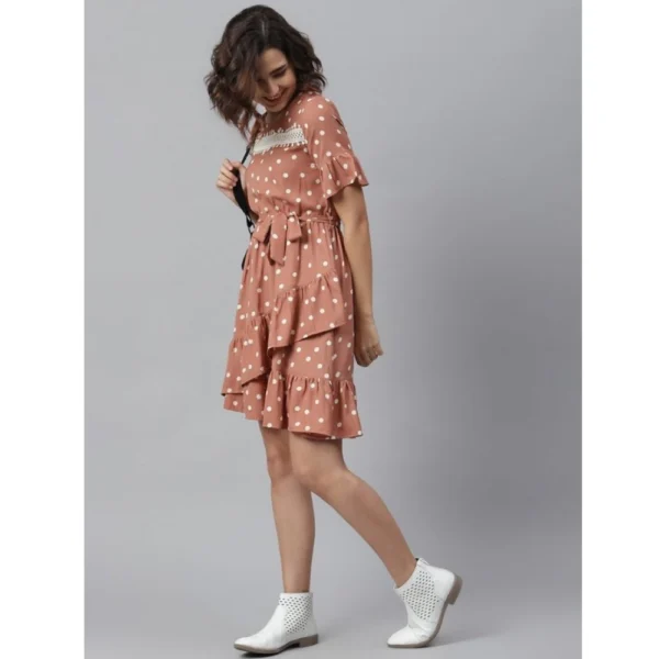 Women's Polyester Polka Bell Sleeve Above Knee Dress (Brown) - Image 5