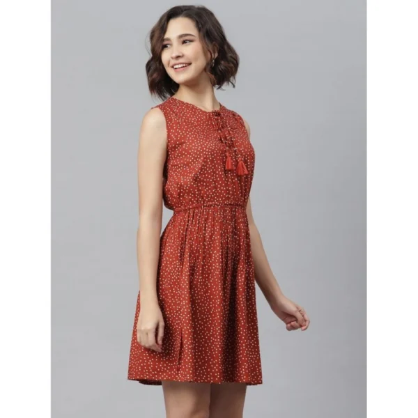 Women's Rayon Polka Sleeveless Above Knee Dress (Rust) - Image 3