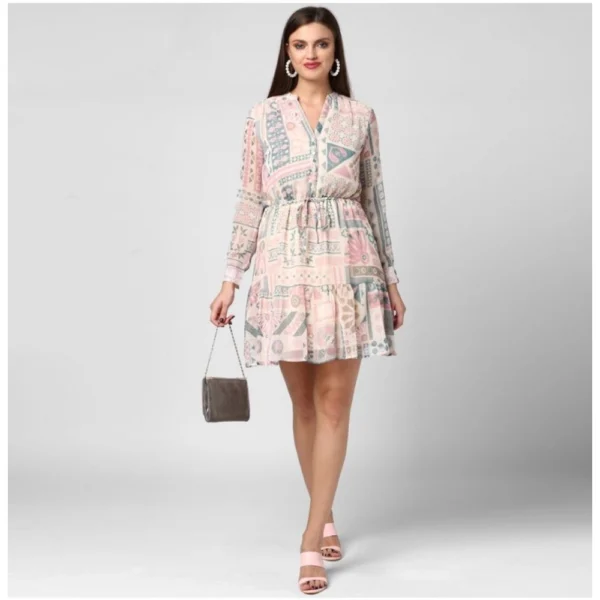 Women's Polyester Printed Long Sleeves Above Knee Dress (Light Pink - Off White) - Image 6