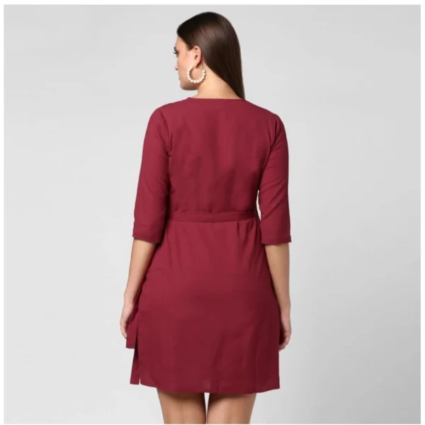 Women's Cotton Solid 3-4th Sleeves Above Knee Dress (Maroon) - Image 6