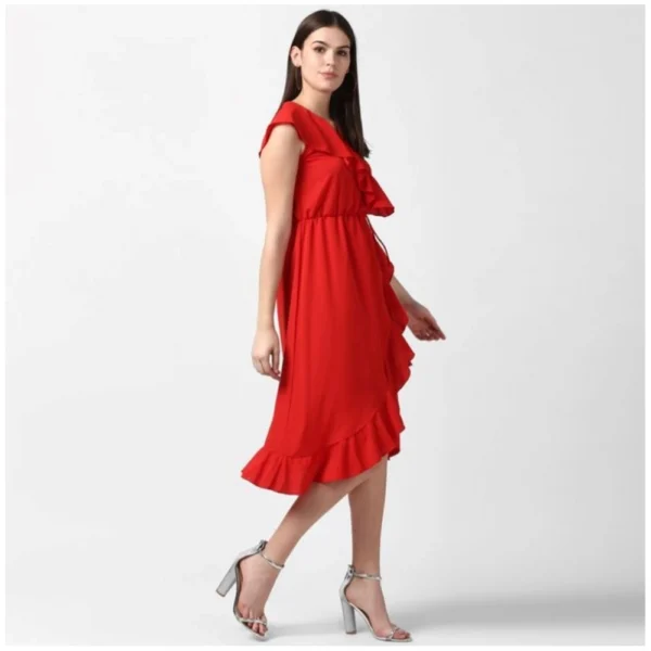 Women's Polyester Ruffled Cap Sleeve Knee-Length Dress (Red) - Image 3